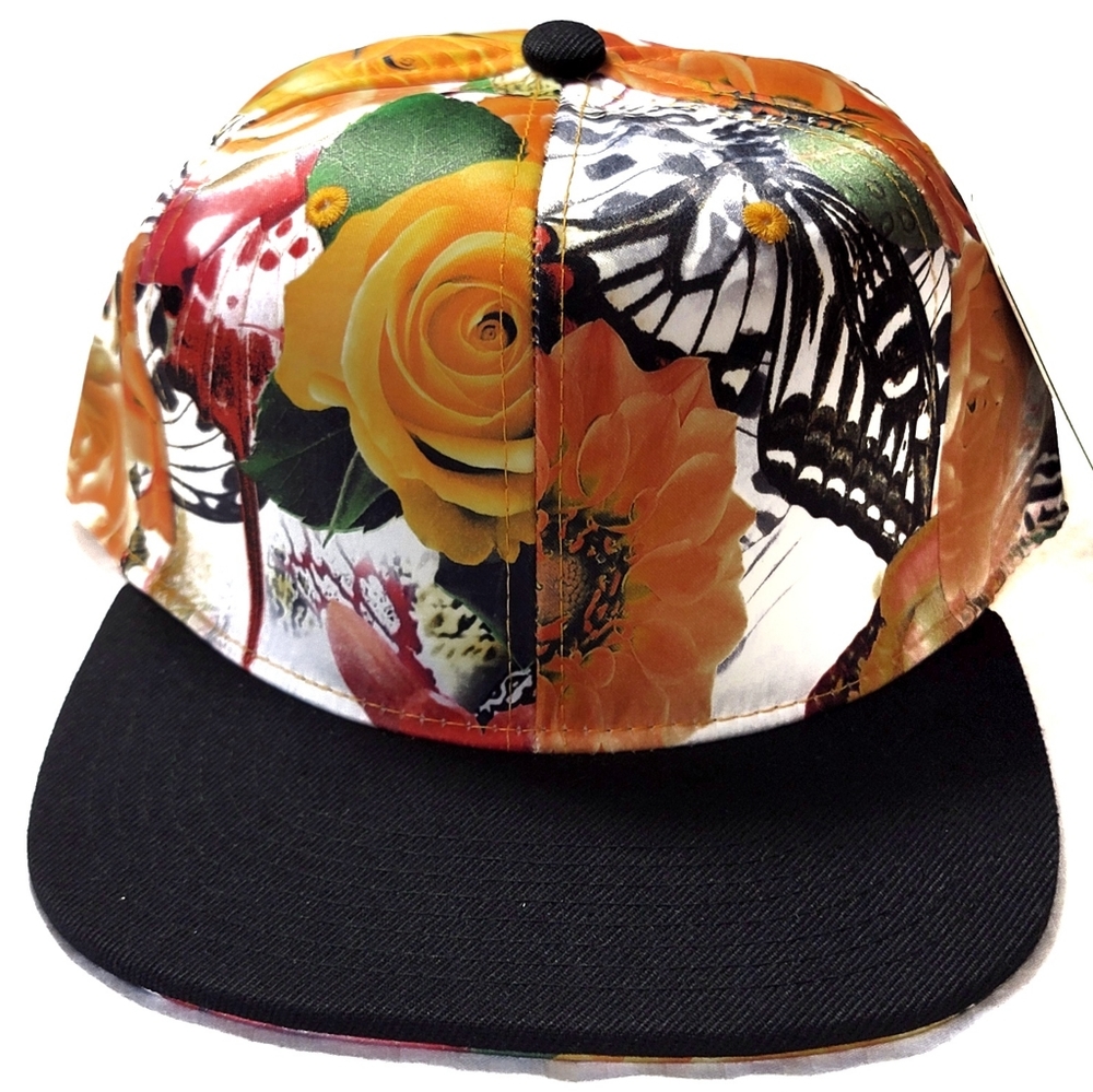 ``H25450 NWT Snapback/Baseball Cap Butterfly & Big Yellow Roses